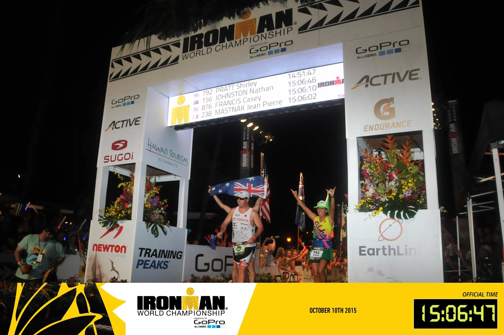 Nathan at the finish line at night surrounded by cheering people, photo branded Ironman World Champion, October 10th 2015