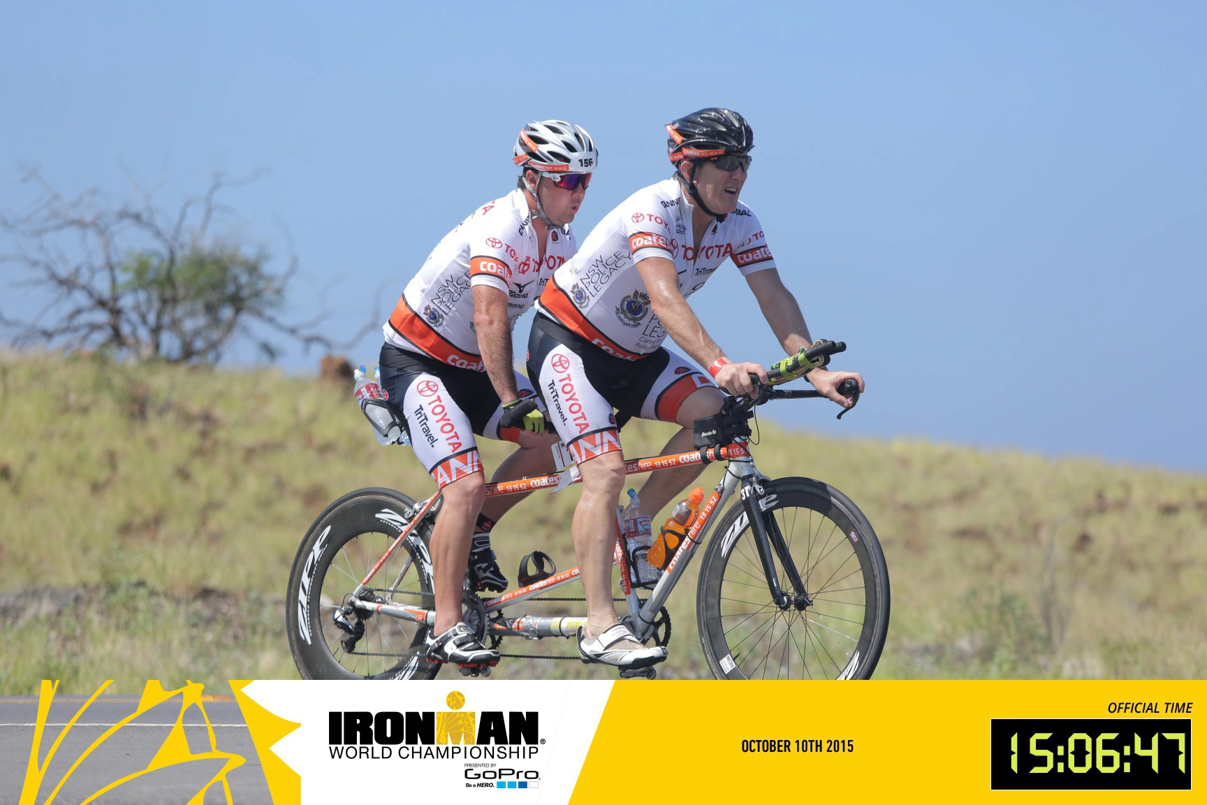 Nathan on a tandem bike outdoors, photo branded Ironman World Champion, October 10th 2015